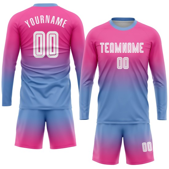 White-Light Fade Sleeve Jersey Pink Custom Soccer Blue Fashion Long Uniform Sublimation White-Light Fade Sleeve Jersey Pink Custom Soccer Blue Fashion Long Uniform Sublimation